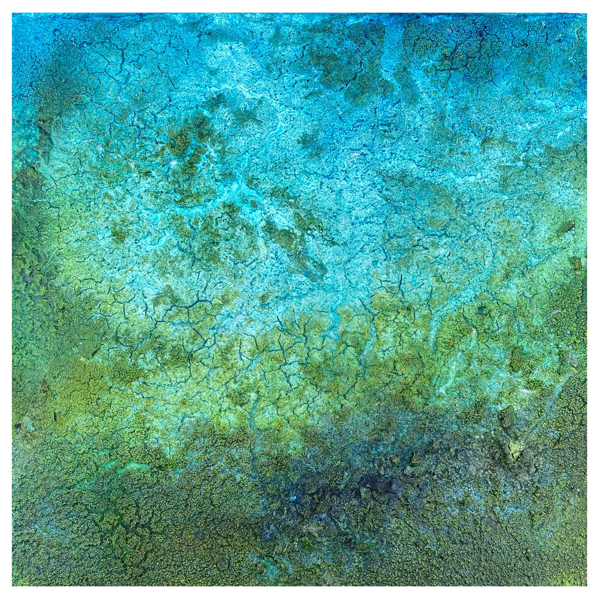 Coastal Abstract, Lithic Shore by Simon Hartles. Fire ash, embers, Kaolin, oils & pigments on cradled plywood panel, 12" x 12".