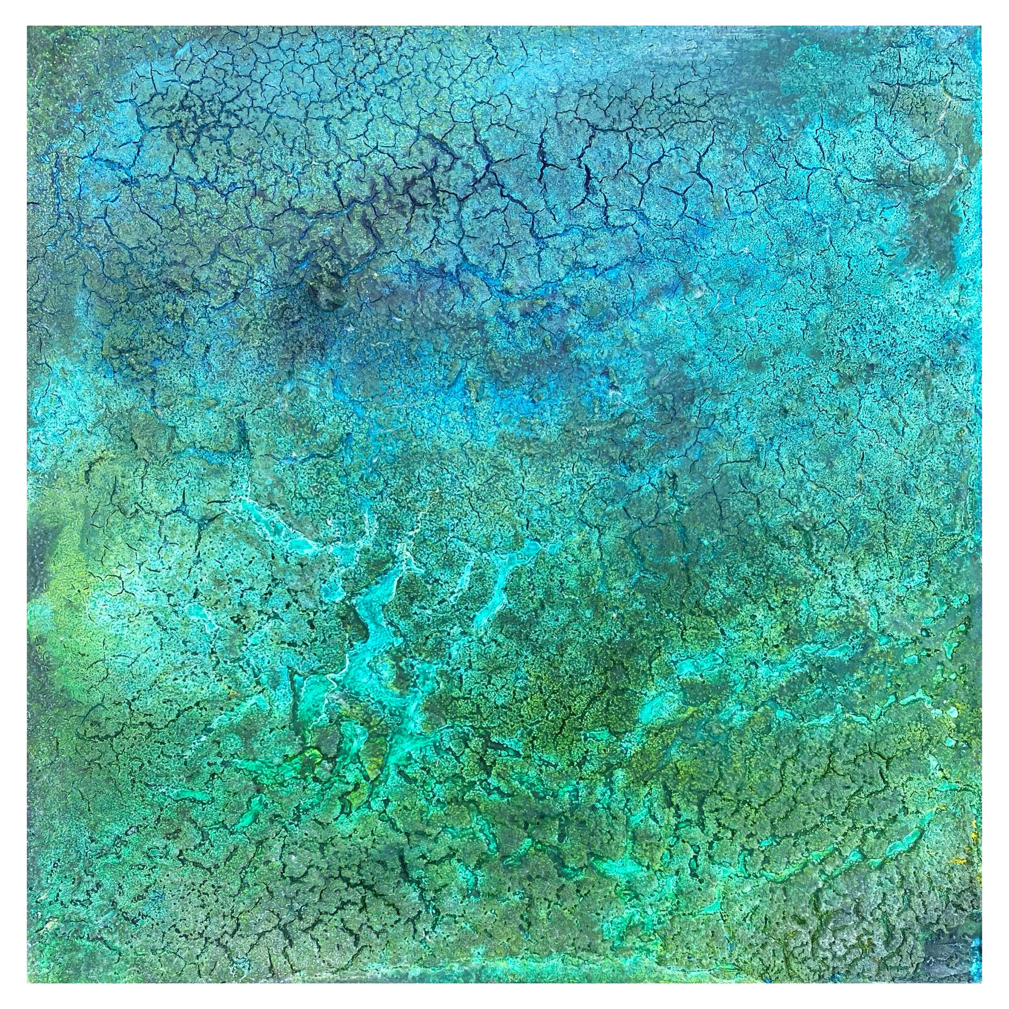 On the Edge, Down Cape by Simon Hartles. Fire ash, embers, Kaolin, oils & pigments on cradled plywood panel, 12" x 12".