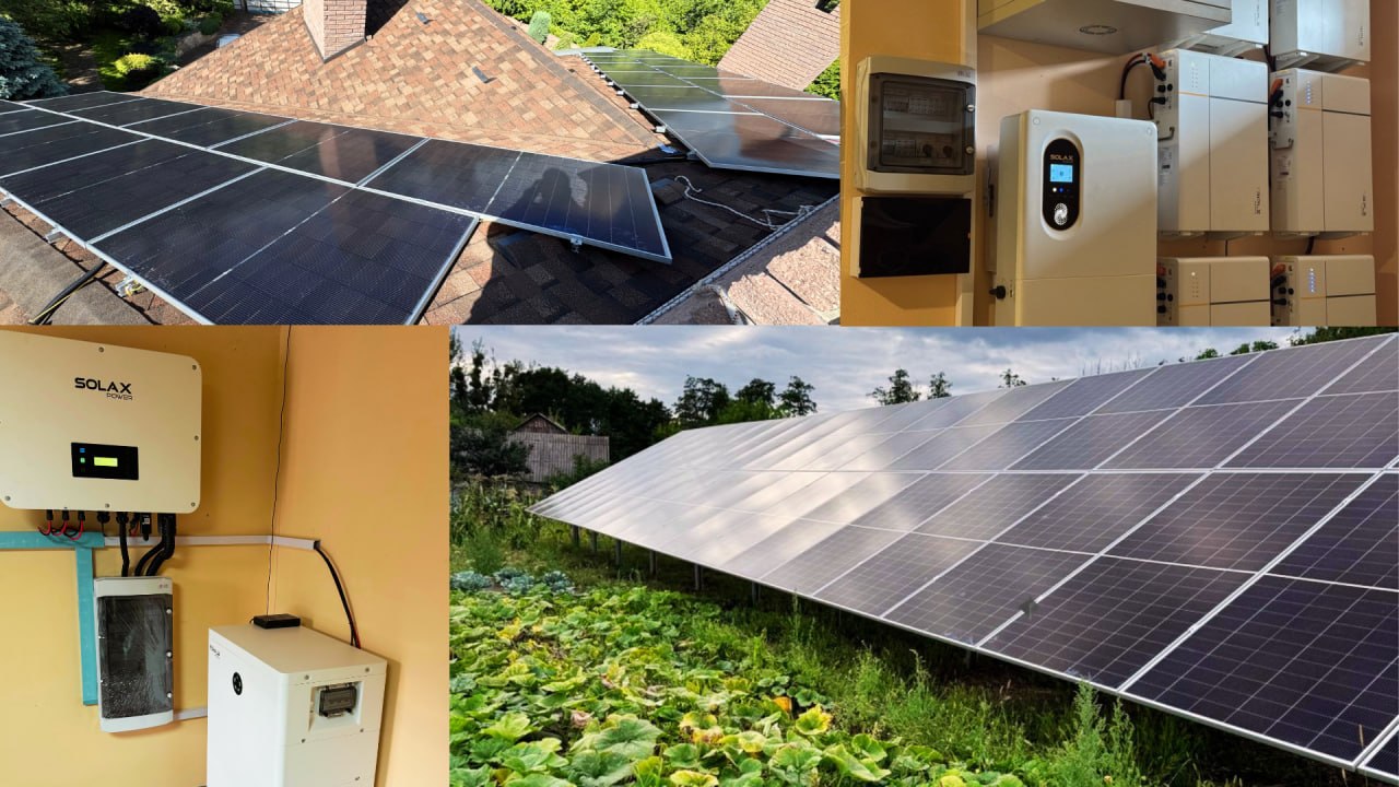Сонячні панелі на даху та в полі, інвертори Solax Power і системи накопичення енергії