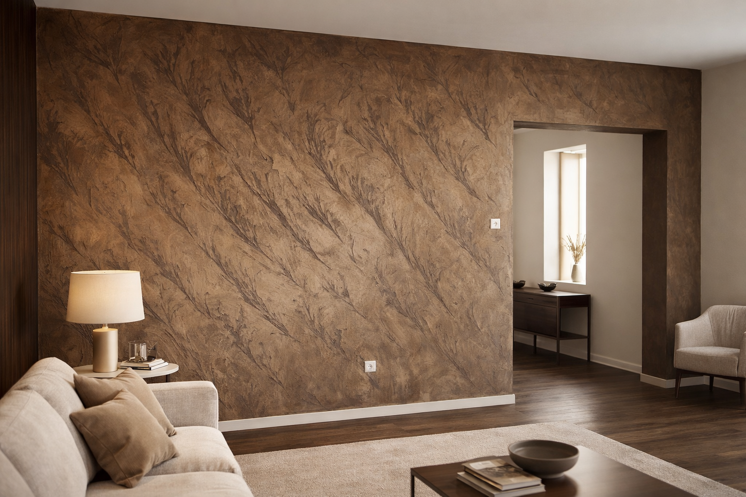 Obývací pokoj s dramatickou tmavou stěnou z mikromentu