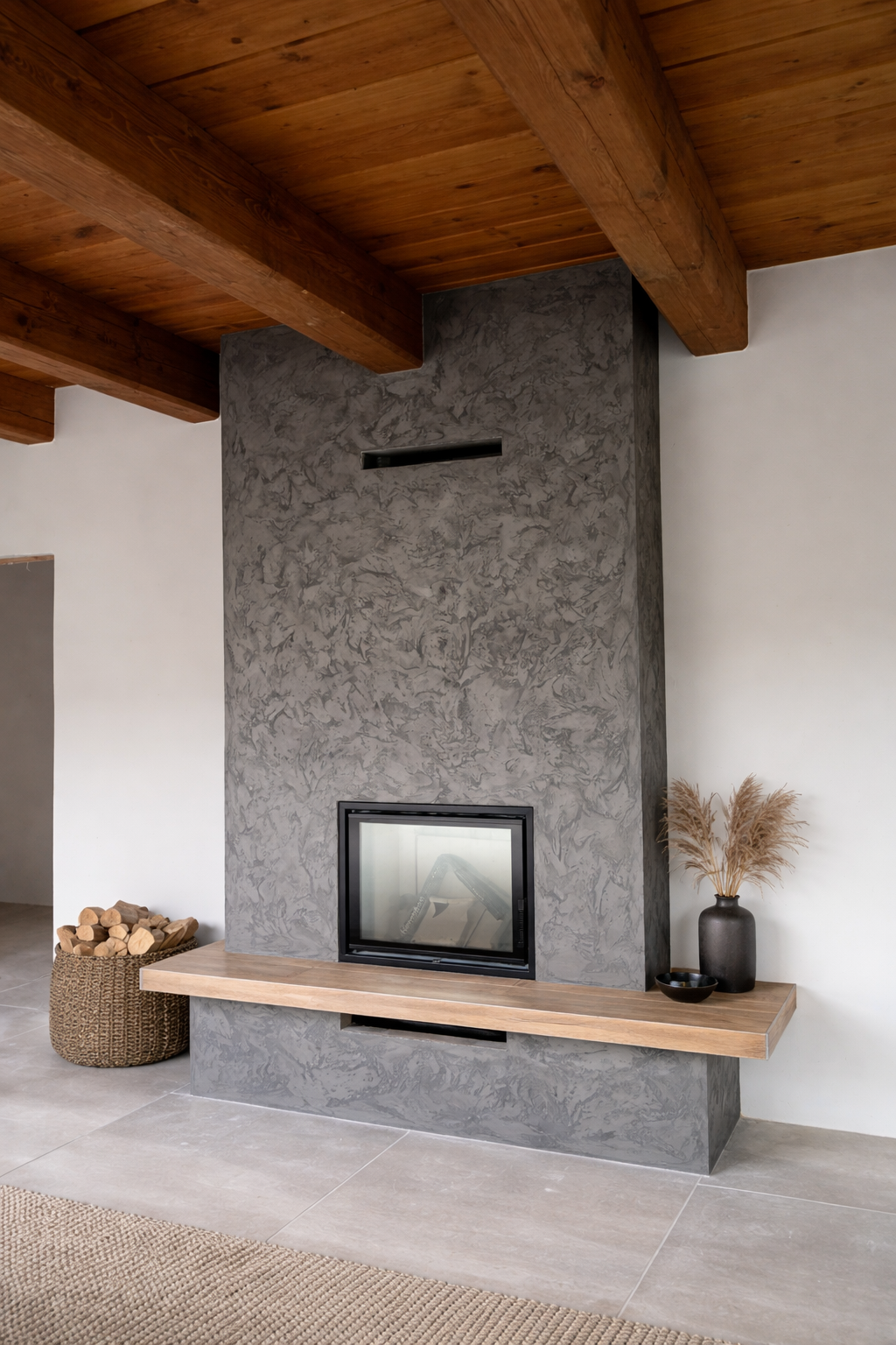 Interiér s mikrocementovým krbem a betonovou stěnou