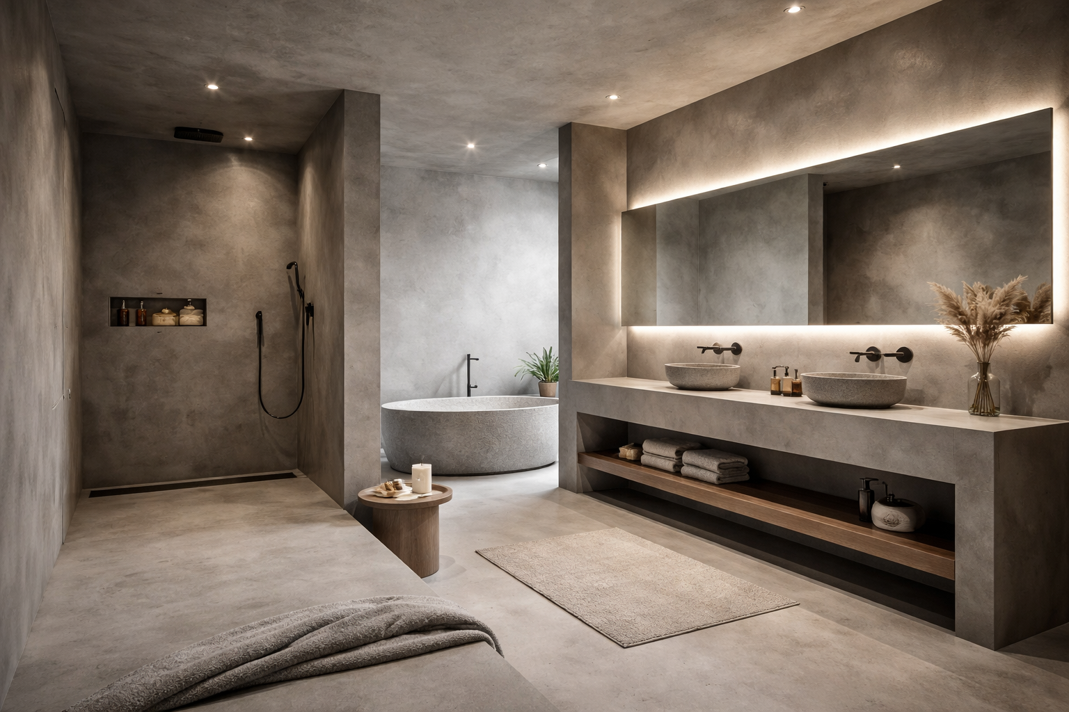 Mikrocementová koupelna – bezespárý povrch stěn a podlahy