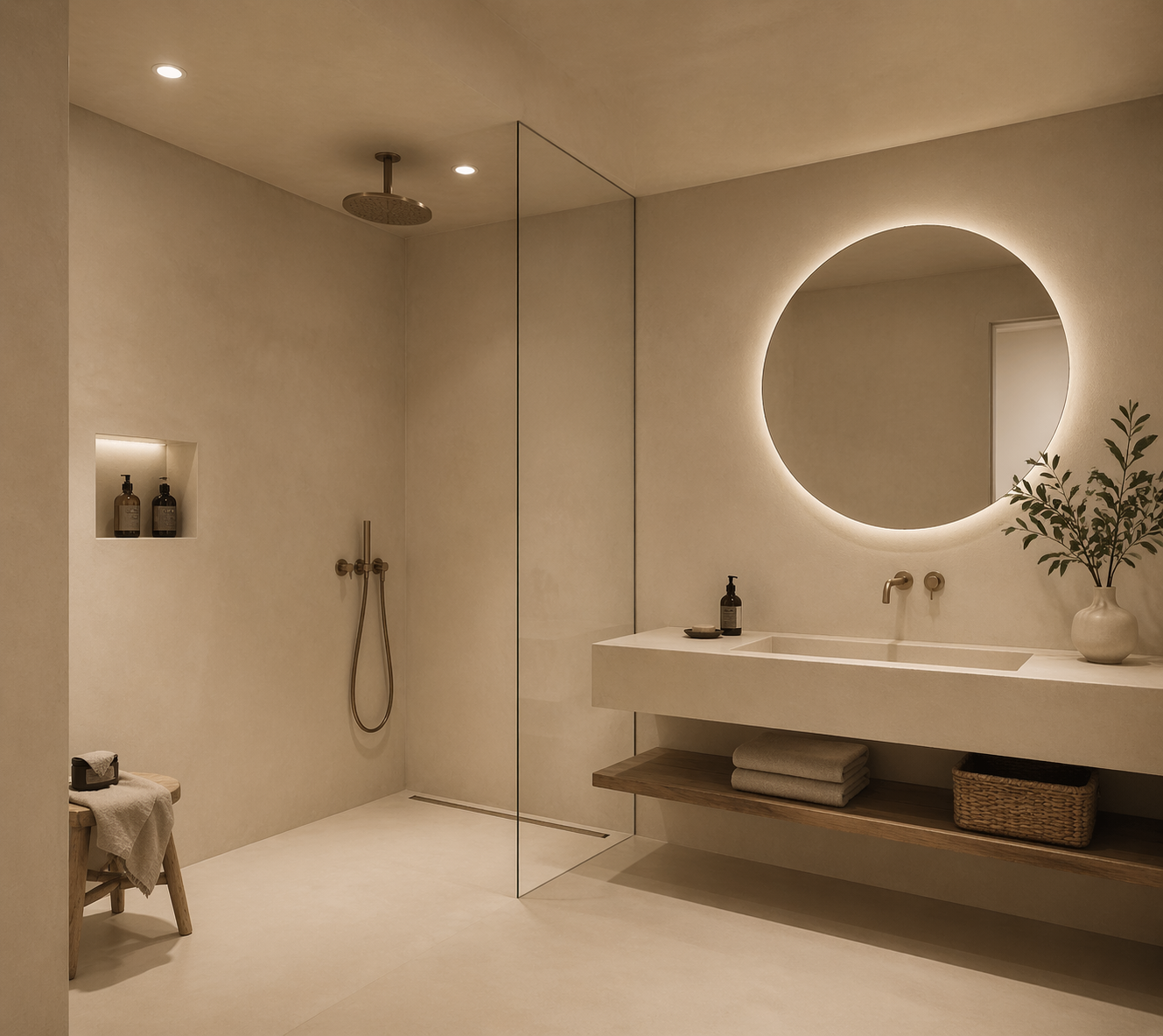 Světlá koupelna s kulatým zrcadlem a dřevěnou policí