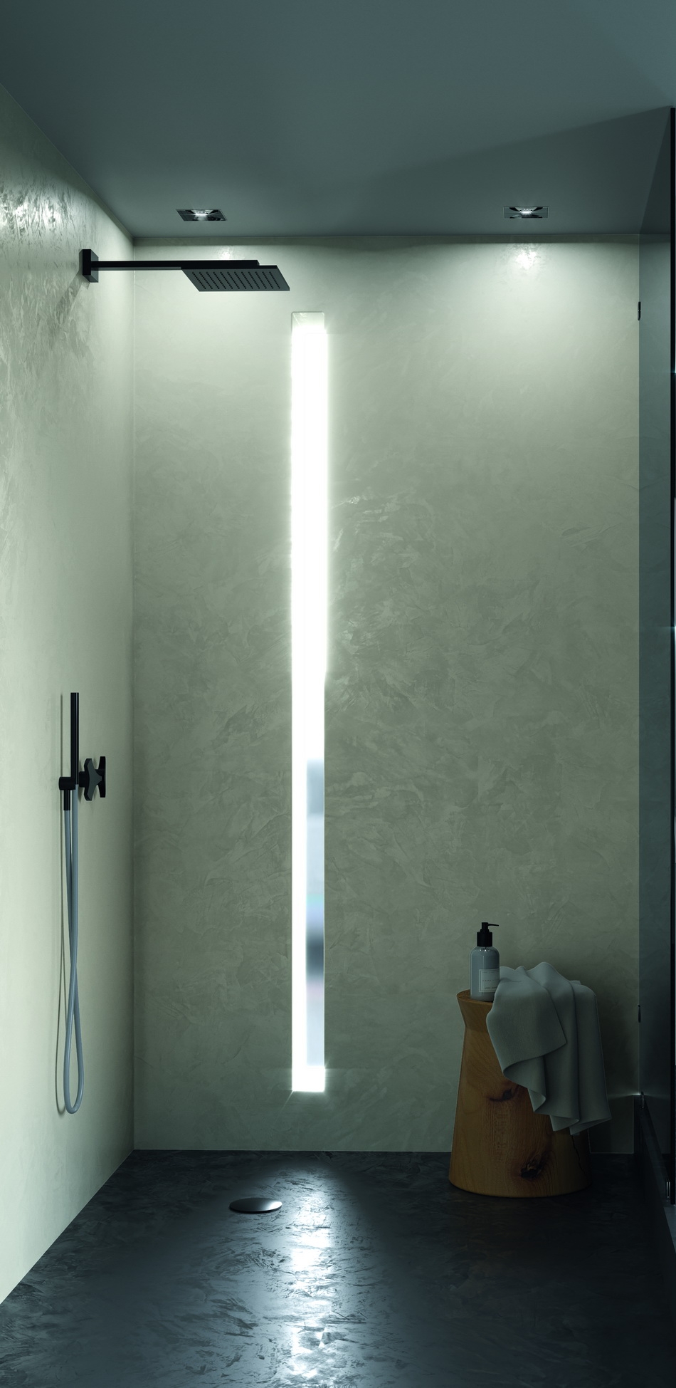 Walk-in sprcha s LED osvětlením a mikrocementem