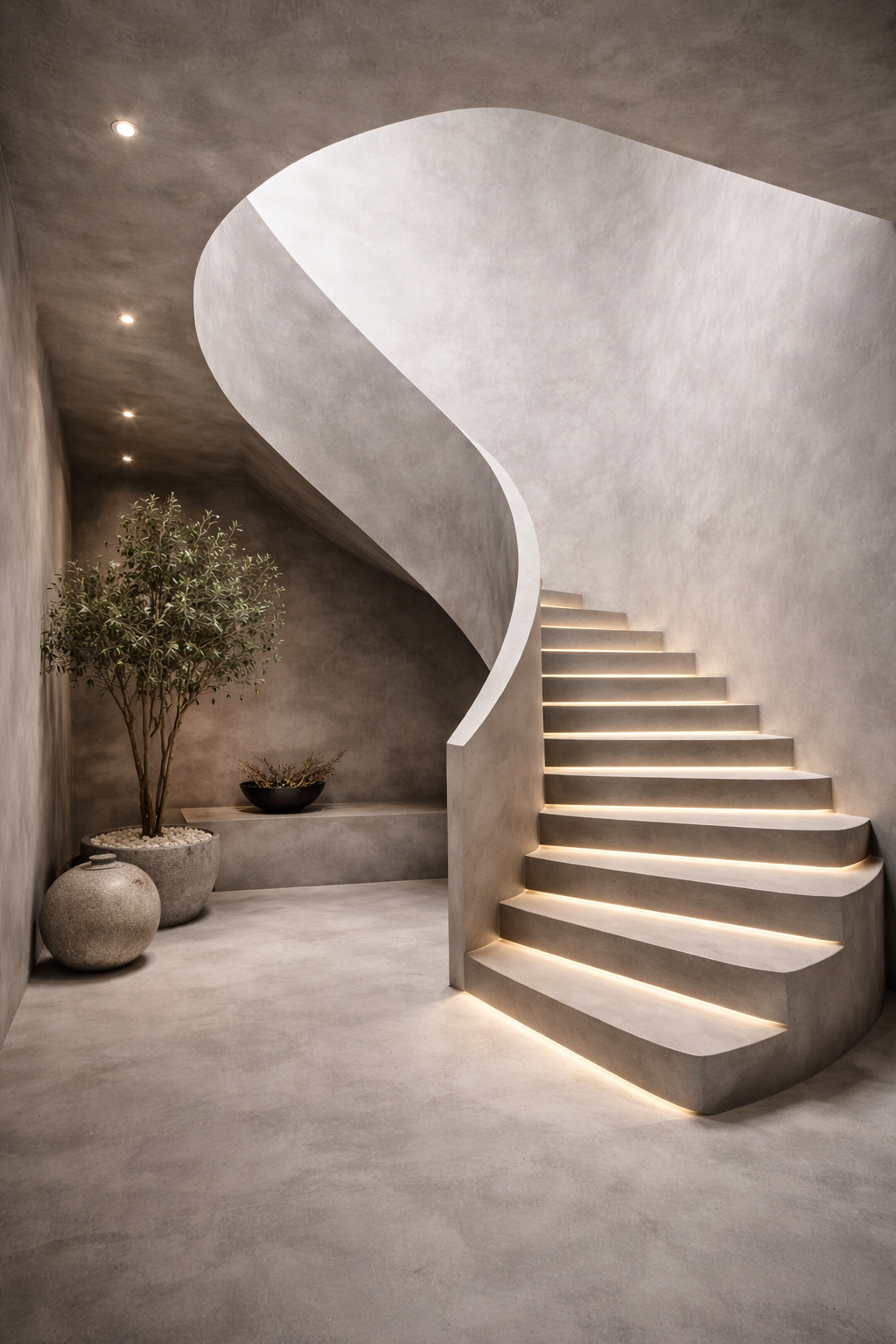 Mikrocementové točité schodiště s LED podsvícením