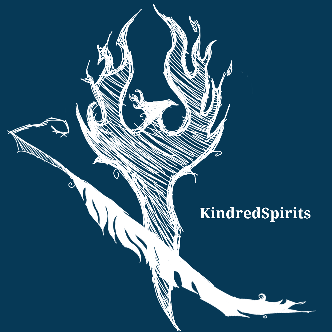 Kindred Spirits logo: a white flame spirit drawn in fine lines on deep blue