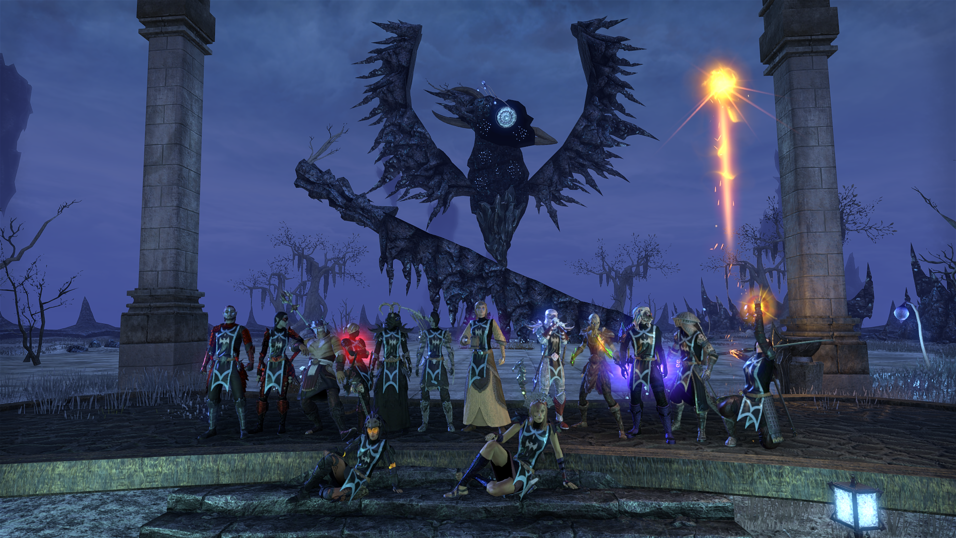 Kindred Spirits characters lined up together for a guild group screenshot