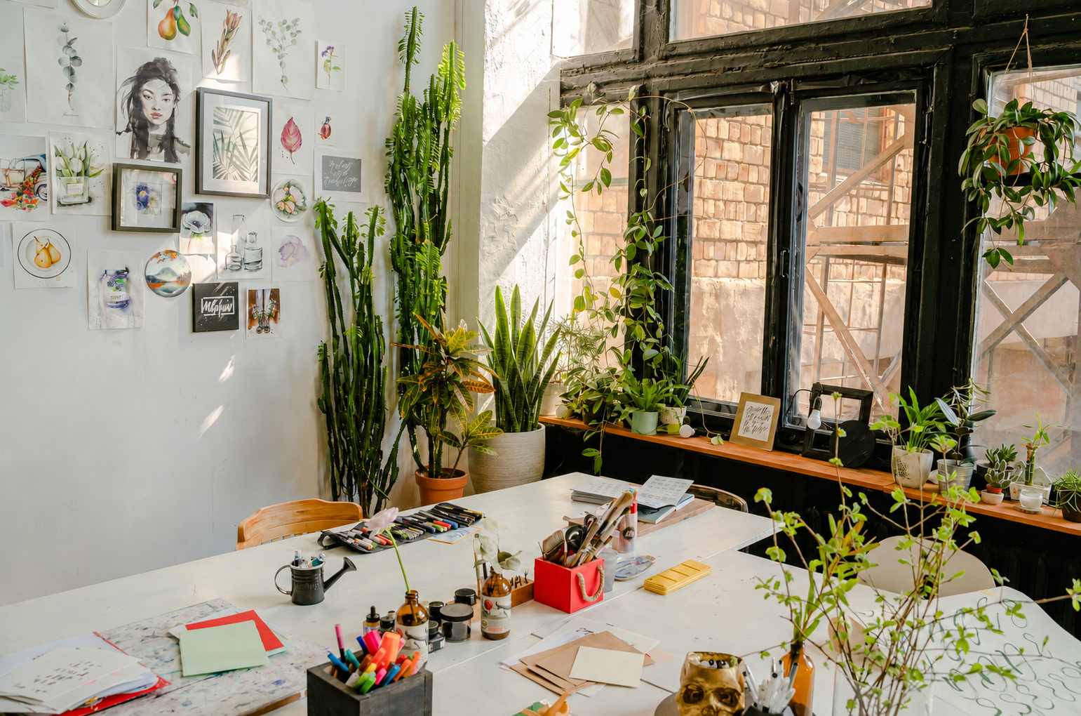 Sunlit creative studio filled with plants and artwork