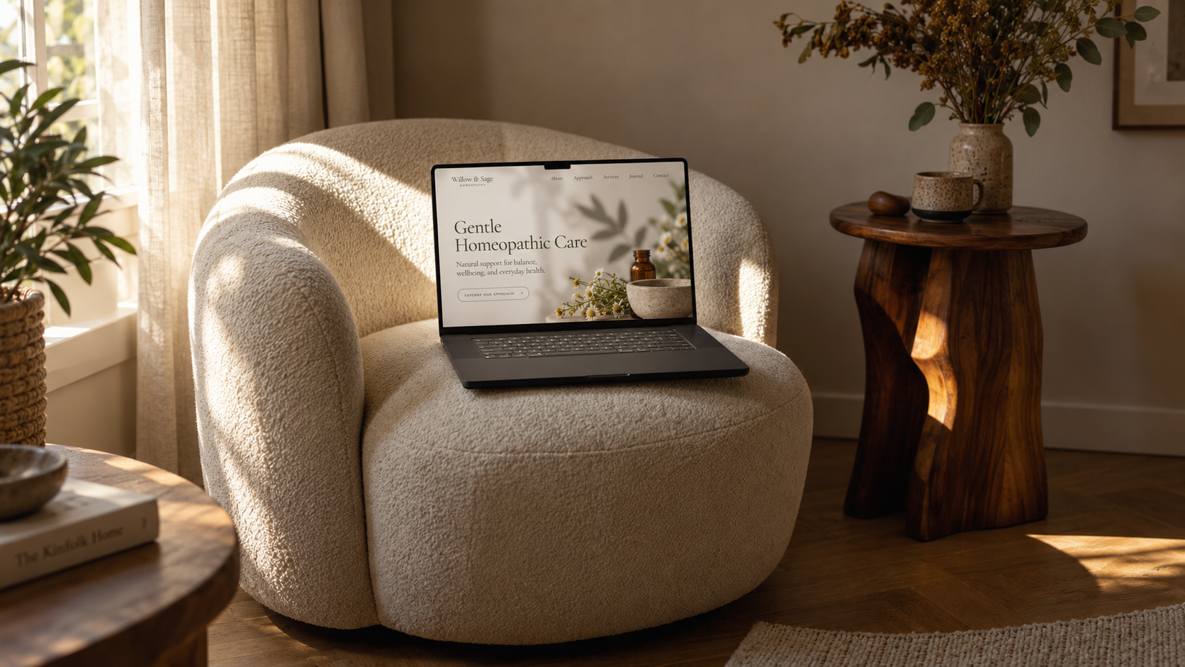 Laptop showing a wedding photography website on a curved coffee table