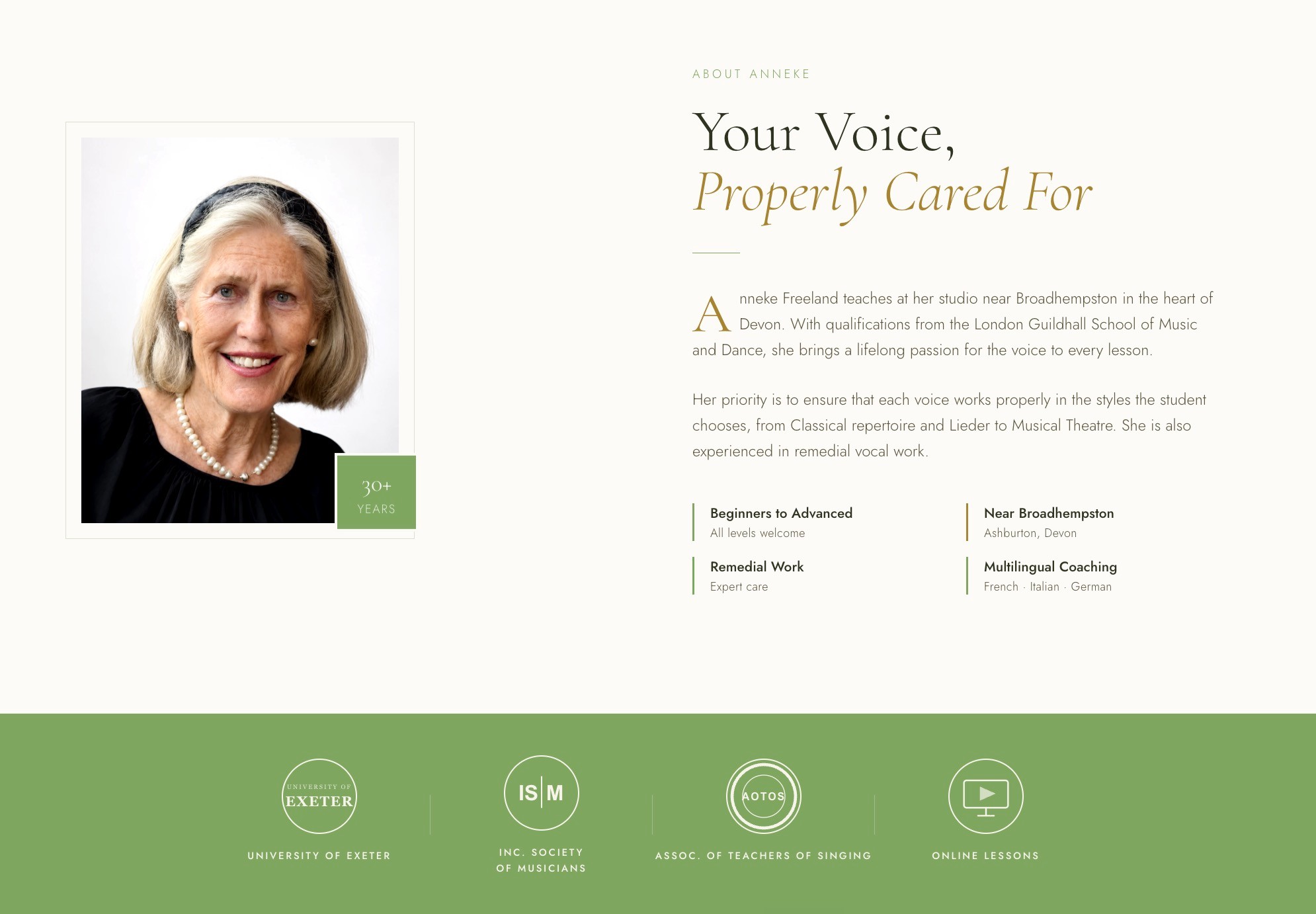 Anneke Freeland website, homepage for a singing teacher