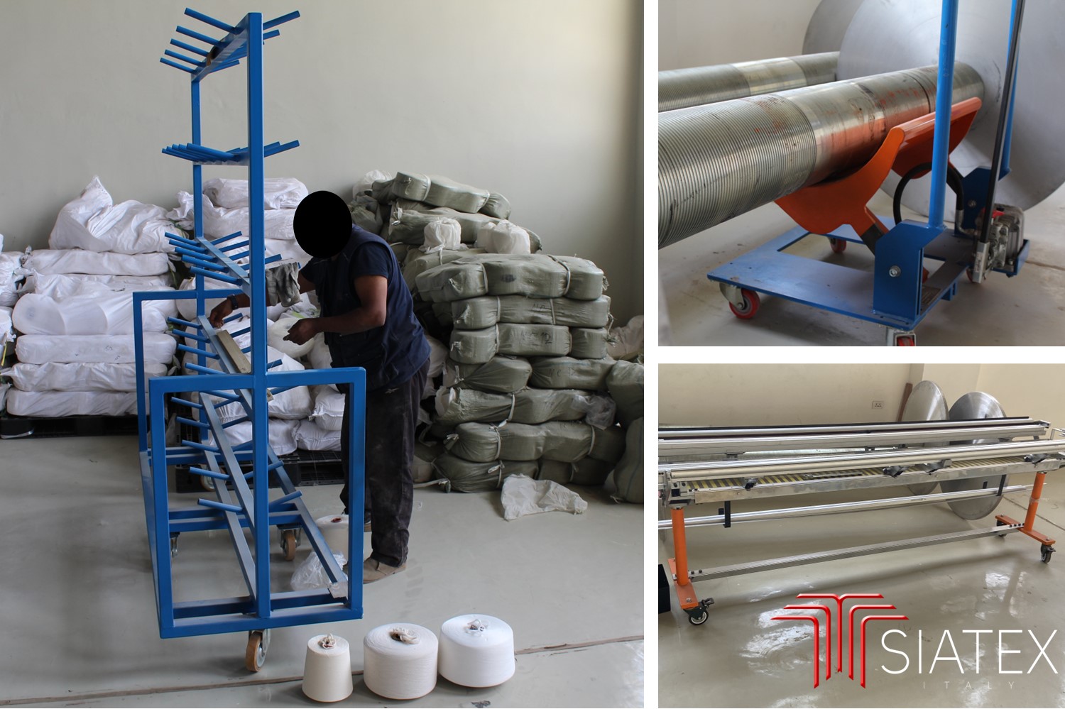 Beam trolley, cone trolley and knotting frame