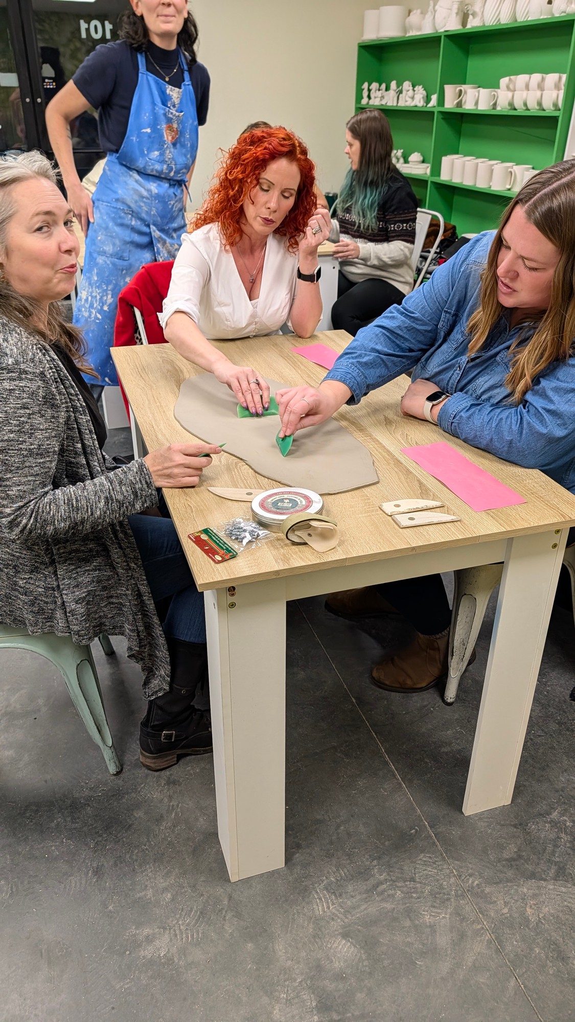 A pottery wheel ready for a group session