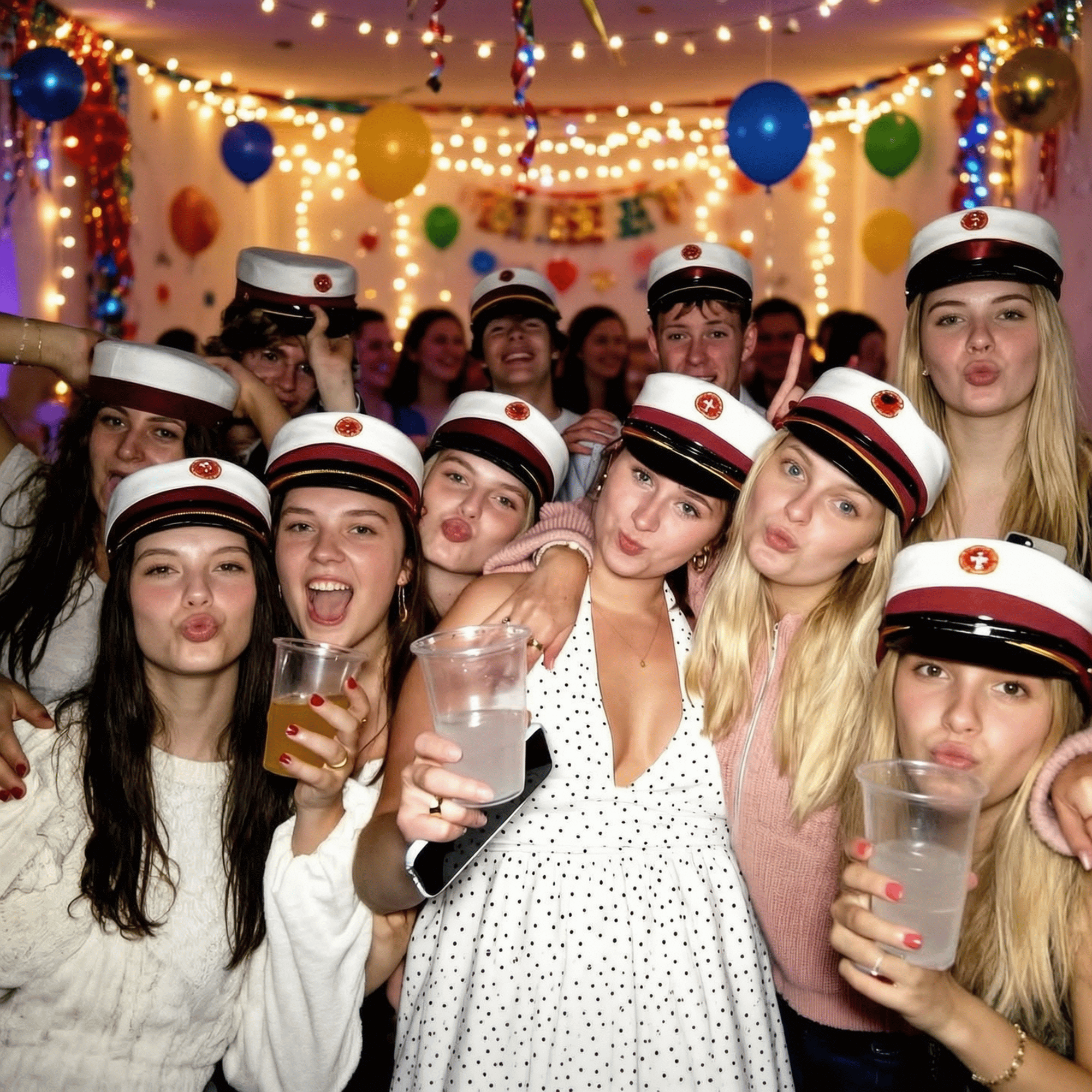 Piger med studenterhuer og drinks fejrer aftenen til studenterfest med balloner og lys