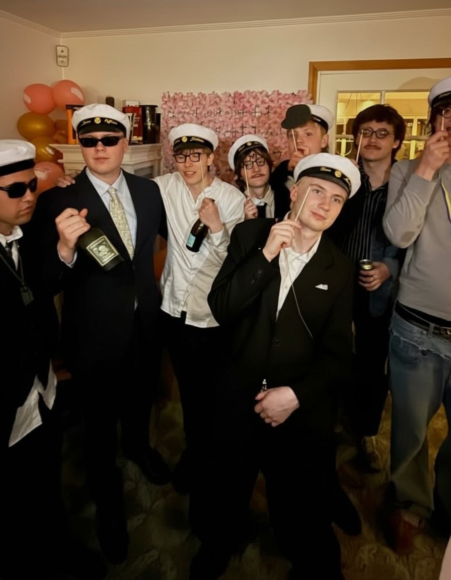 Drenge med sjove rekvisitter – overskæg og solbriller – foran photo booth til studenterfest