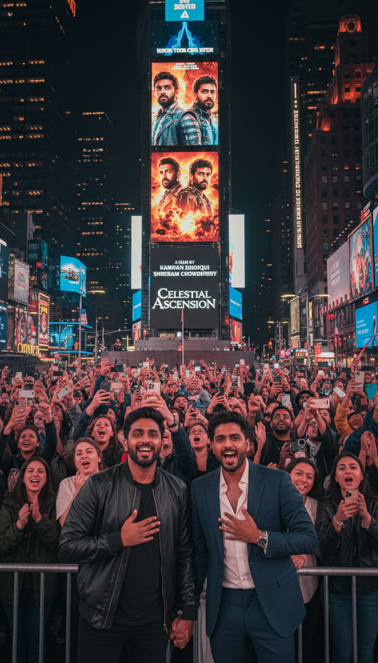 Kamran and Shreeram in Times Square with their Celestial Ascension billboard, surrounded by cheering fans