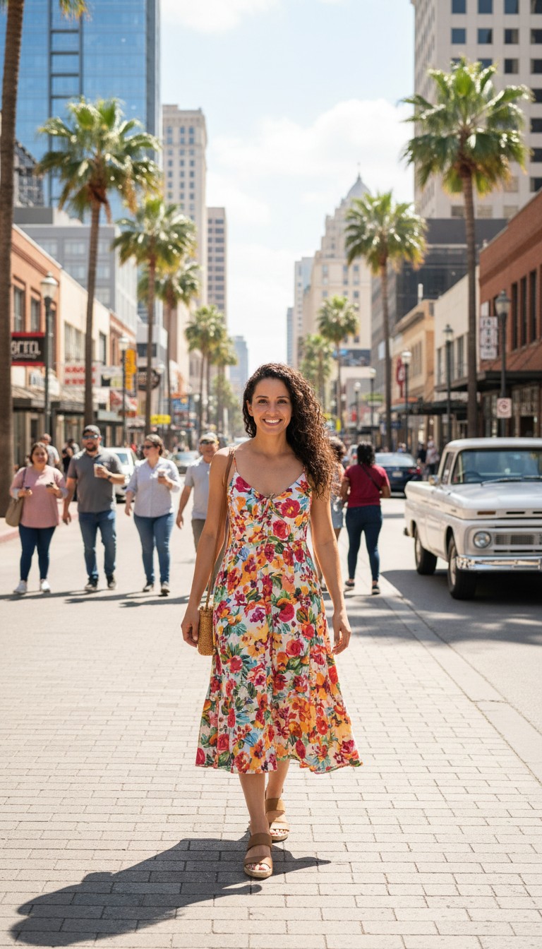 Maria smiling on a sunny Texas street in a floral dress — she made it