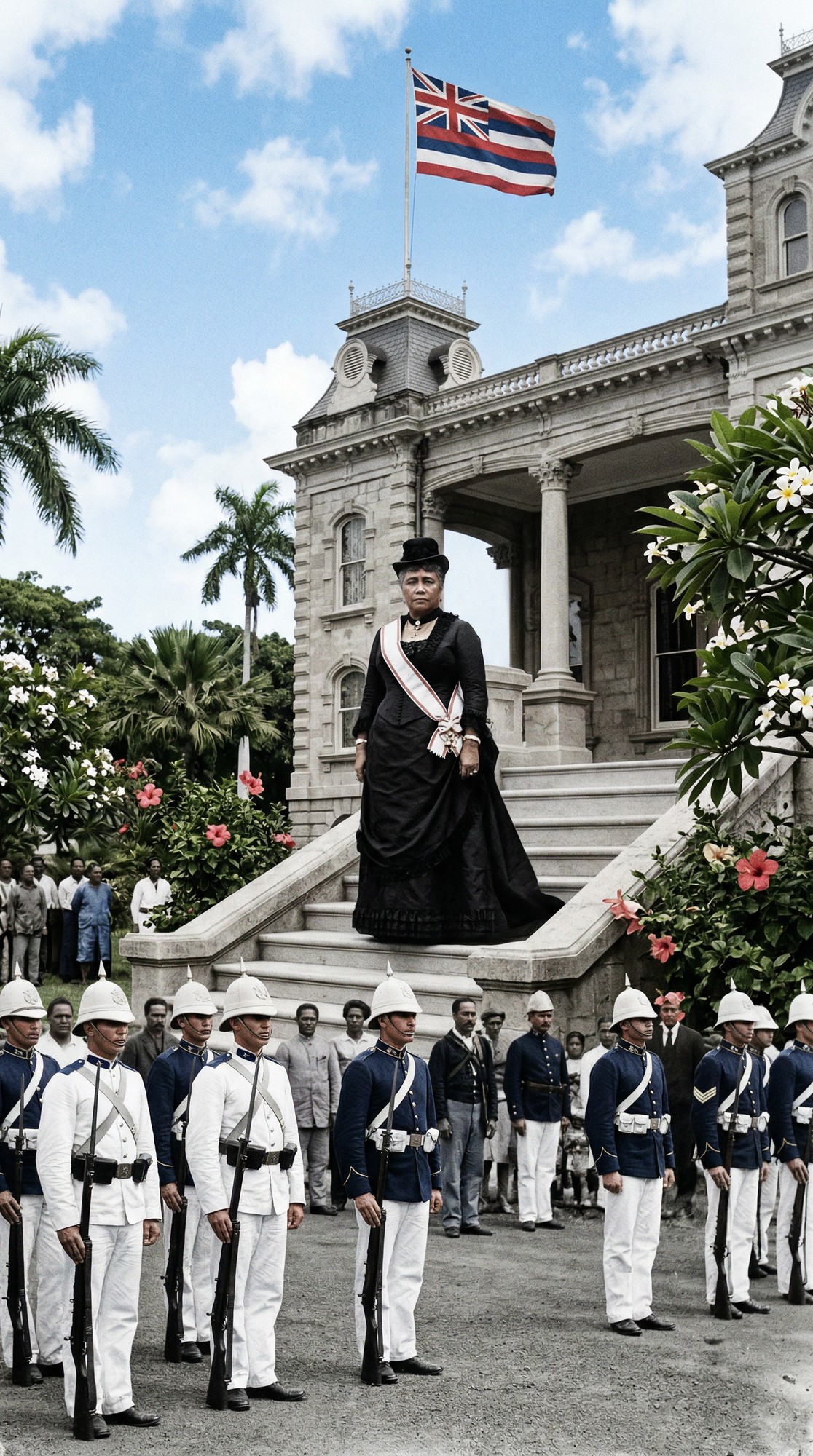 Queen Liliuokalani on the palace steps with the Royal Guard