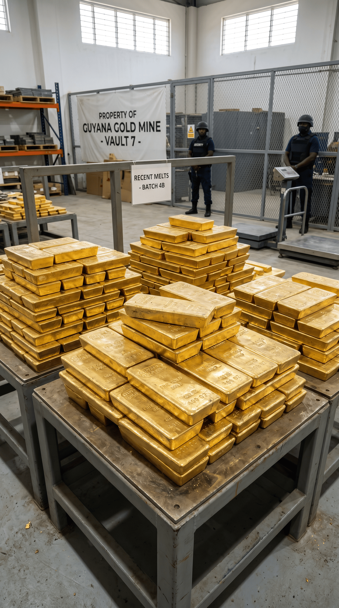 Guyana Gold Mine Vault 7 — stacked gold bars, Recent Melts Batch 4B