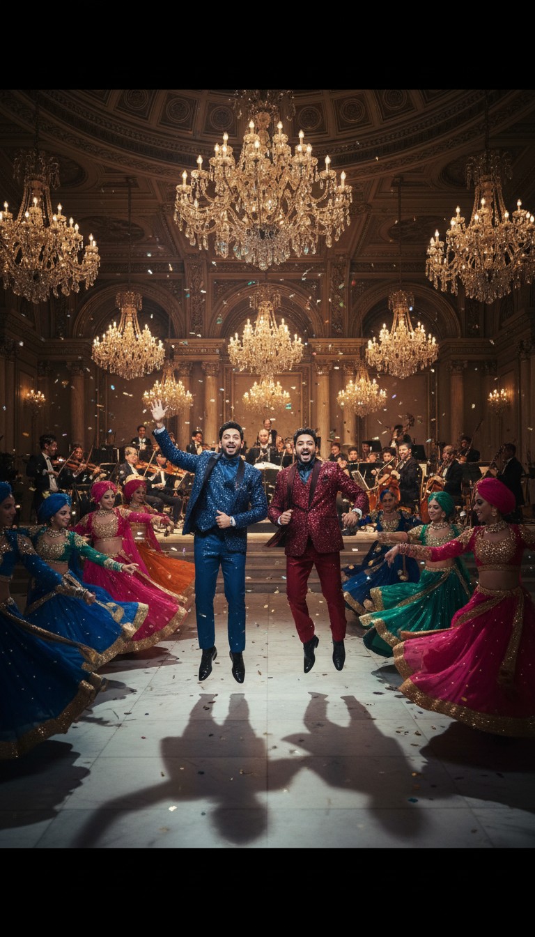 Kamran and Shreeram jumping for joy in a grand ballroom with chandeliers, live orchestra and dancers