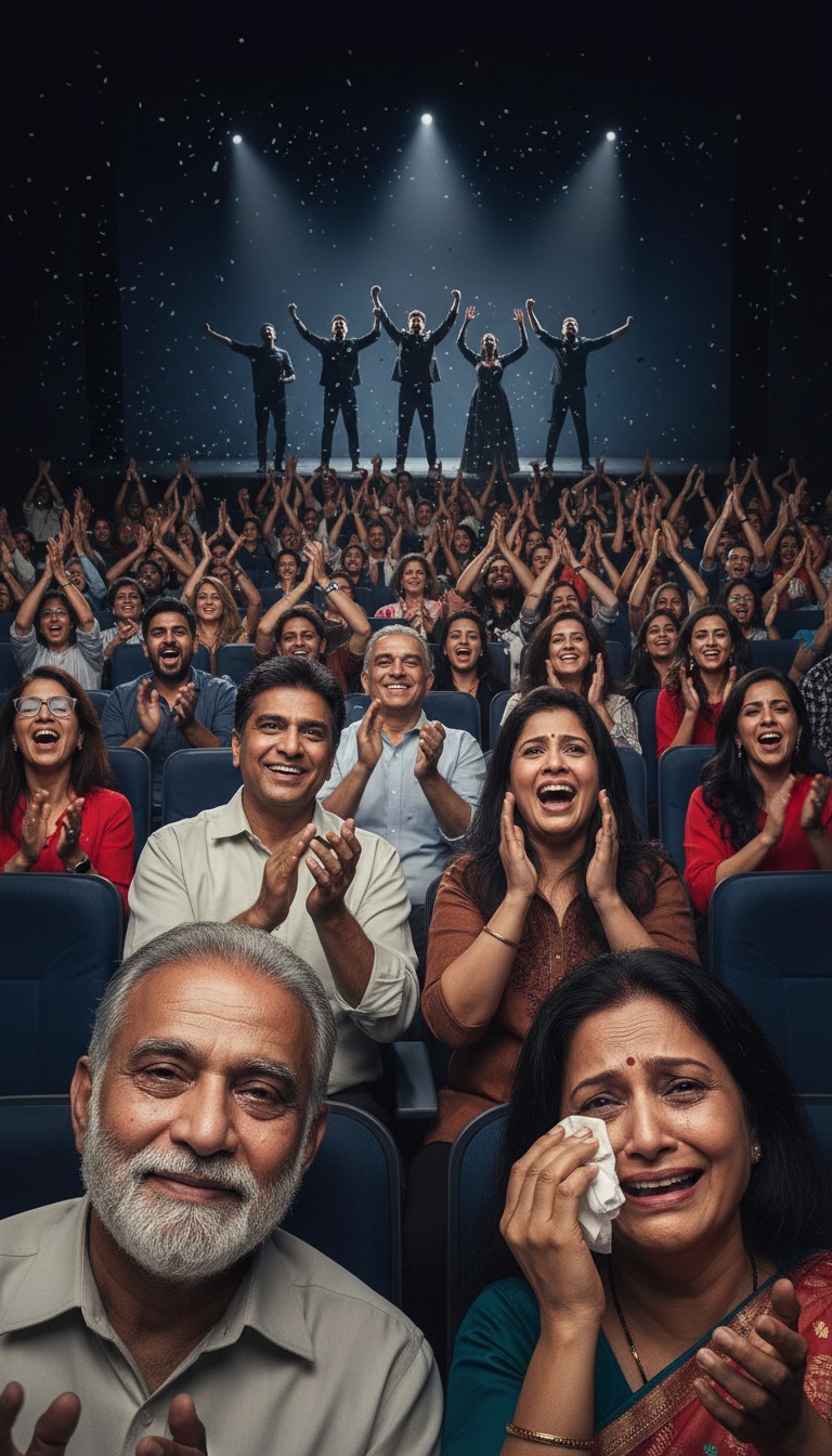 A packed theater audience on their feet, crying and clapping — the standing ovation
