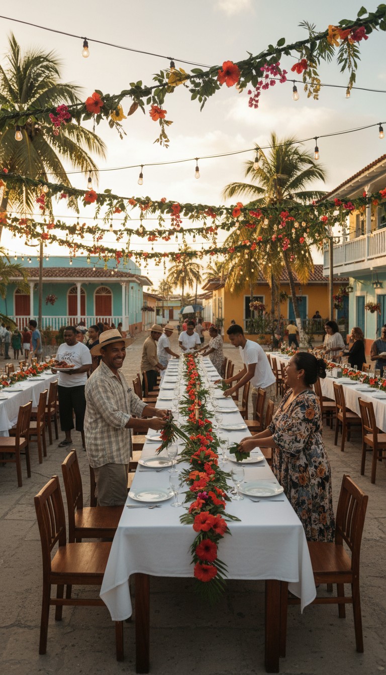 A community feast in the Sosúa town square with flowers and string lights