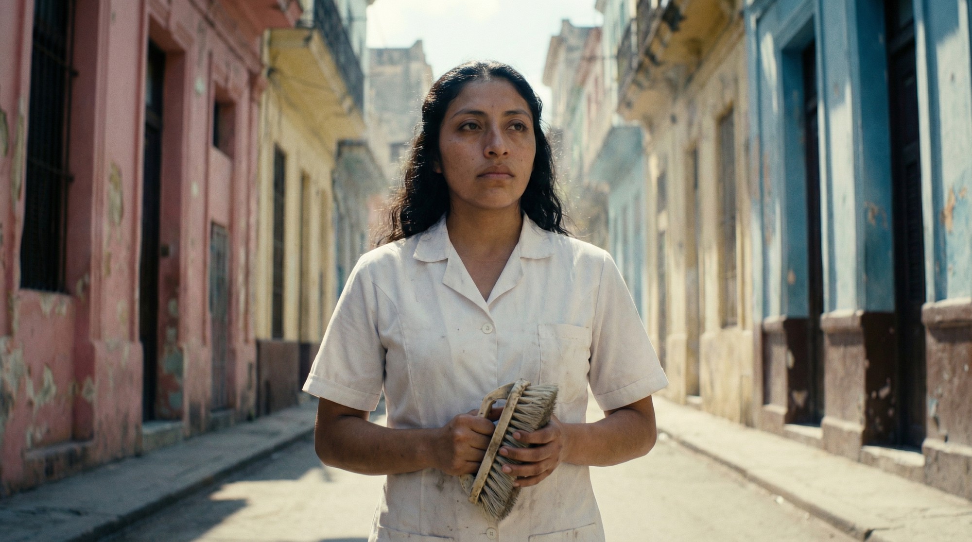 Maria working in Mexico — white uniform, scrub brush, colorful street