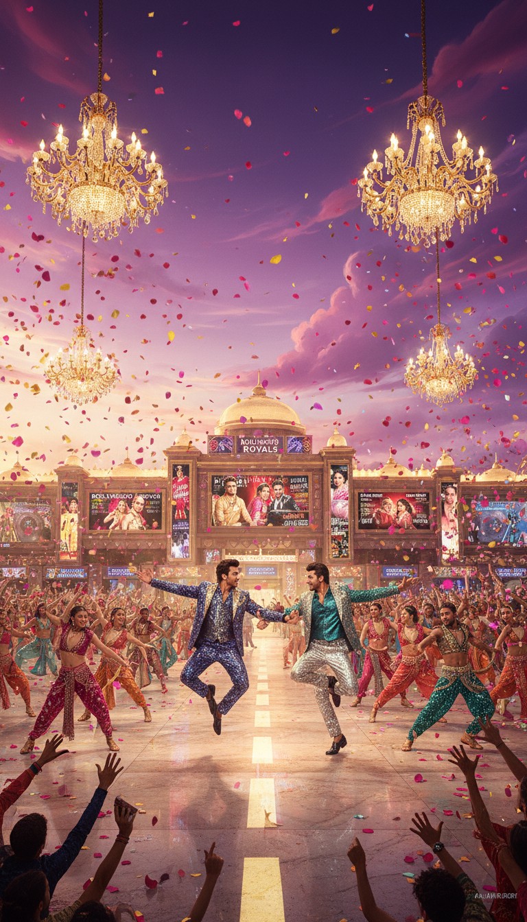 Grand Bollywood finale — Kamran and Shreeram dancing on stage with chandeliers, confetti, and thousands of fans