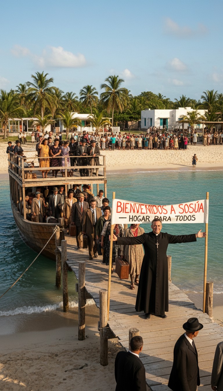 Jewish refugees arriving by boat at the Sosúa dock, Padre Luis welcoming them with open arms