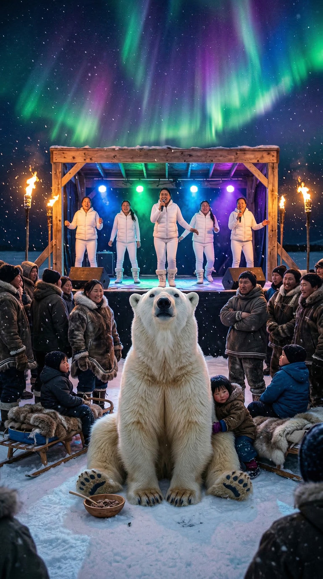 Nanuk Jr. the polar bear watching Eskimo Rock perform at an outdoor concert
