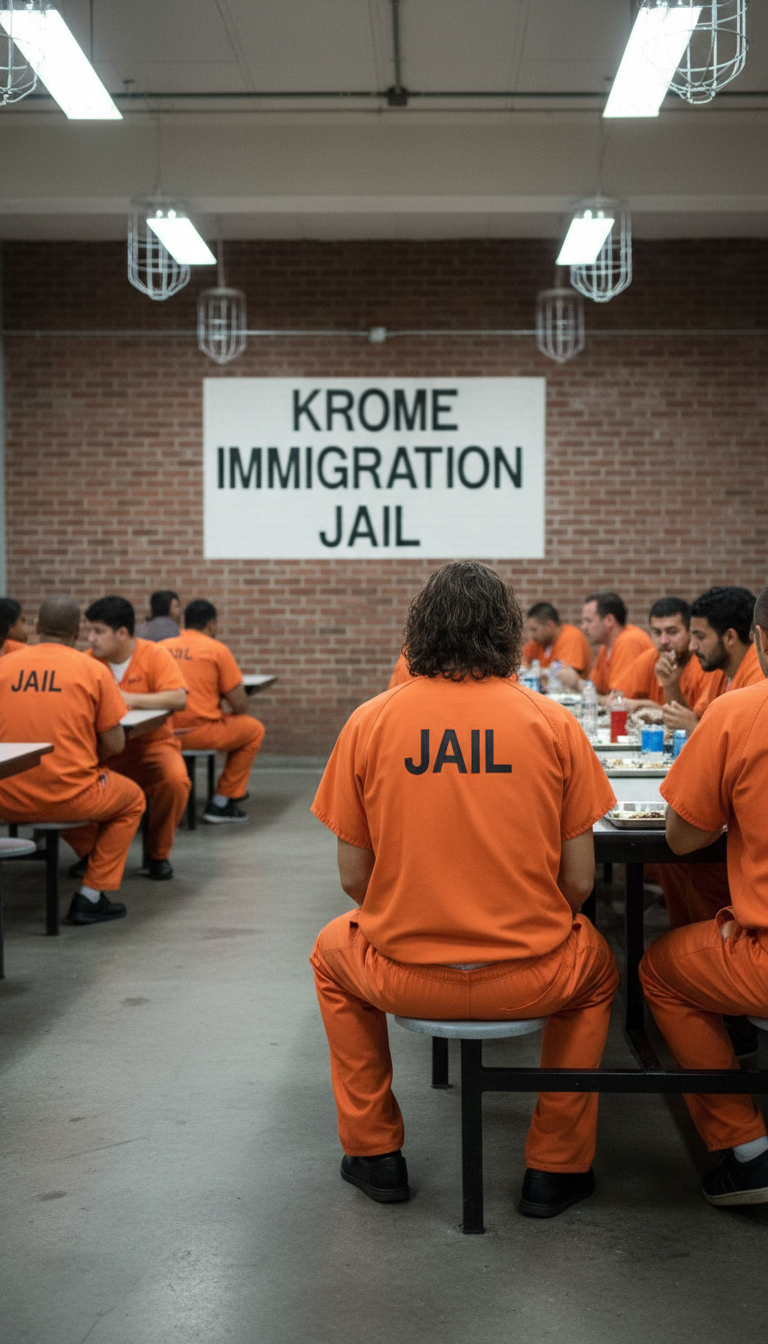Krome Immigration Jail — detainees in orange jumpsuits in the cafeteria