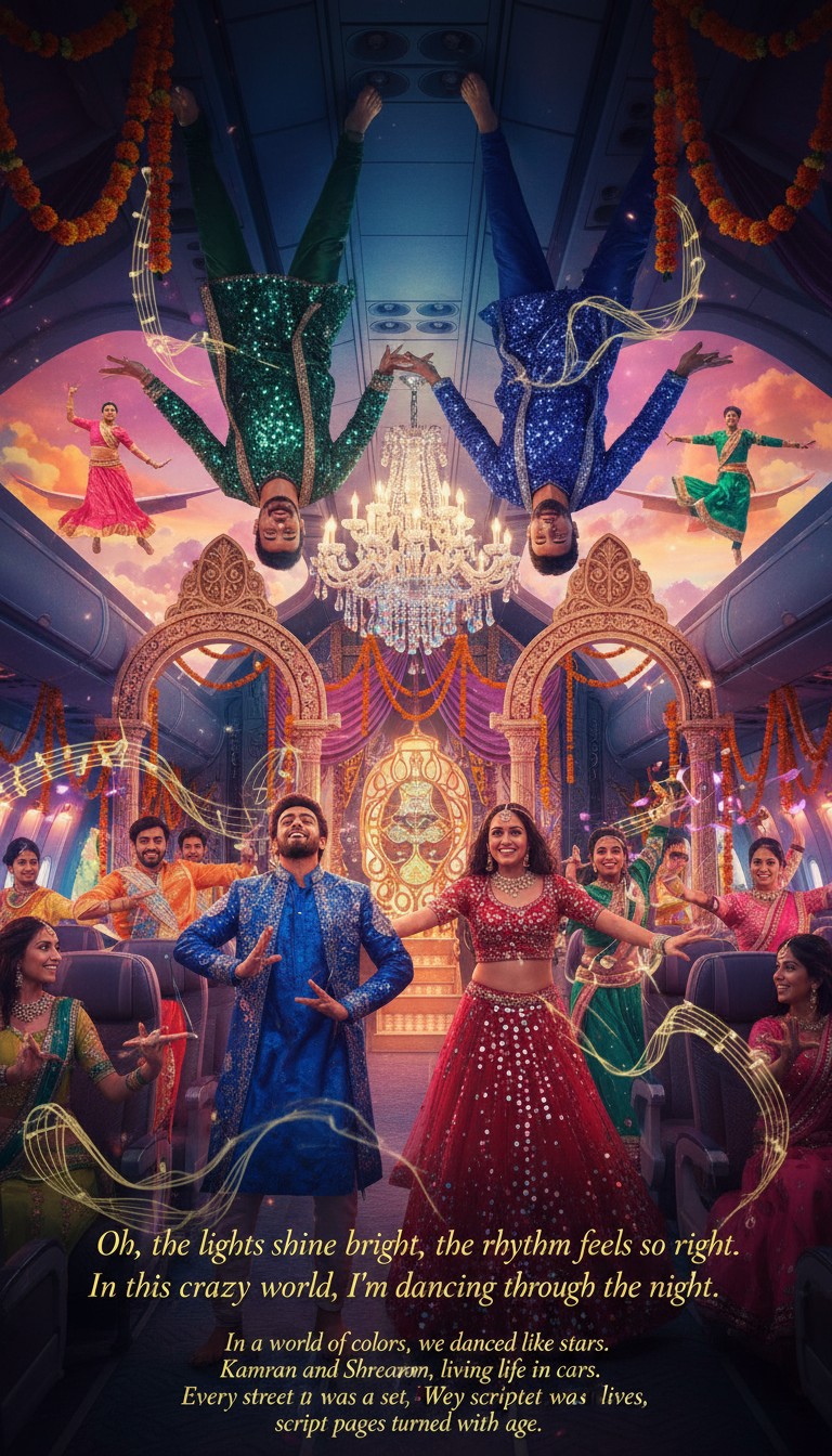 Bollywood musical number on a plane — Kamran in blue sequins, Priya in red lehenga, dancers in the aisle