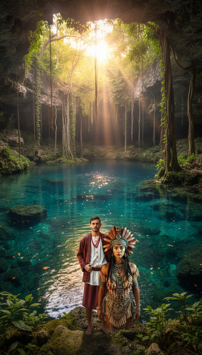 A man and a Mayan woman standing at the edge of a sacred cenote with sunlight streaming through