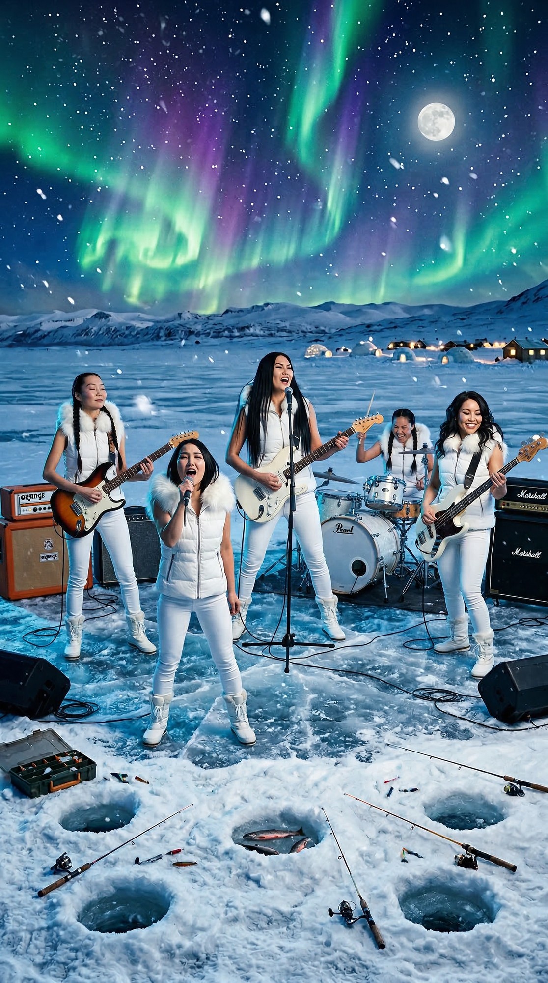 Eskimo Rock band performing on ice under the Northern Lights
