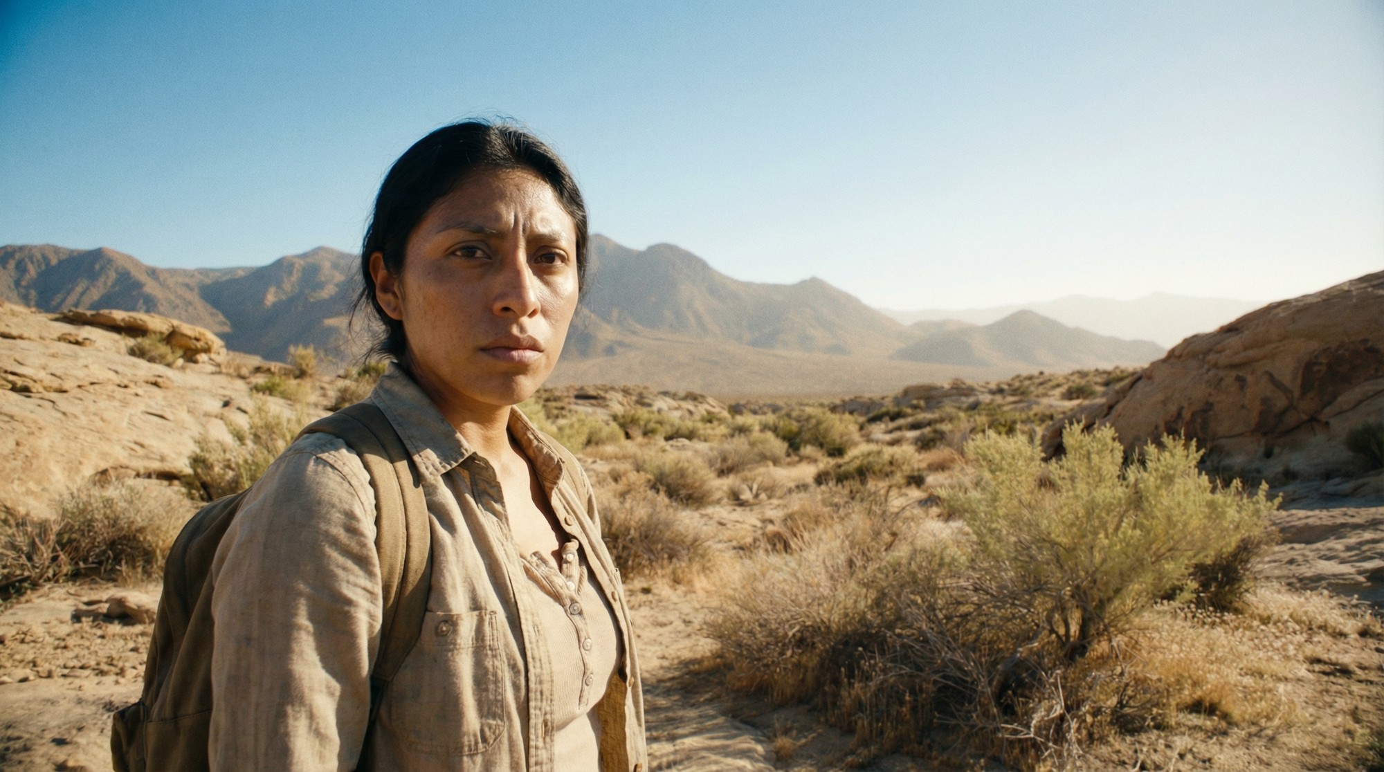 Maria crossing the desert — the border crossing, mountains behind her