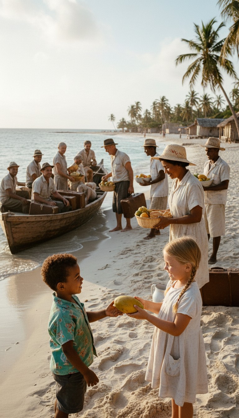 Dominican and Jewish children sharing fruit on the beach as refugees arrive by rowboat