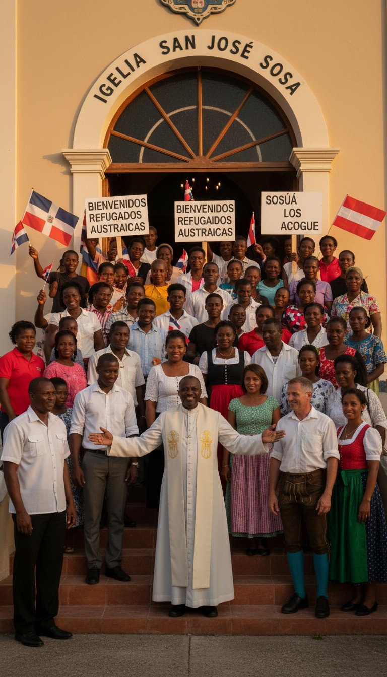 Padre Luis and the Sosúa community on the church steps welcoming Austrian Jewish refugees