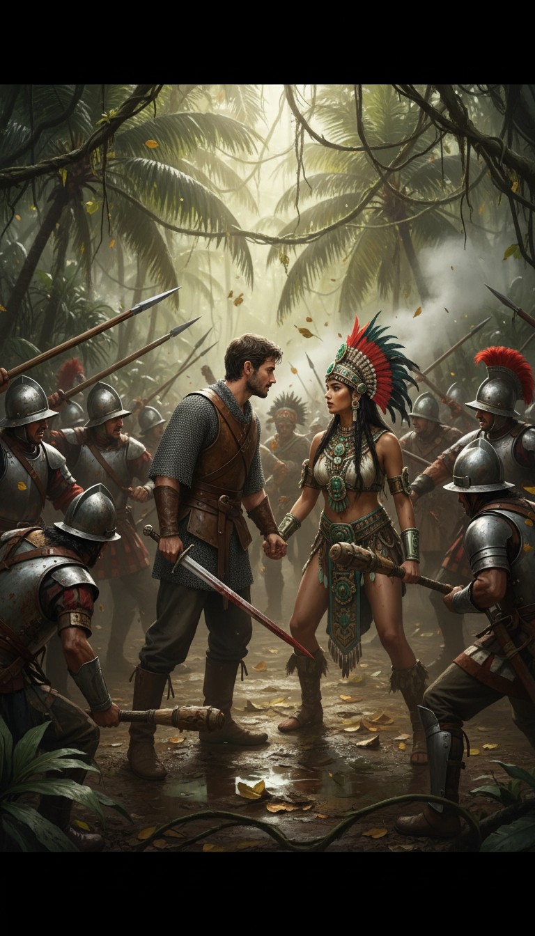 Spanish conquistador and Mayan woman face each other surrounded by soldiers and warriors in the jungle