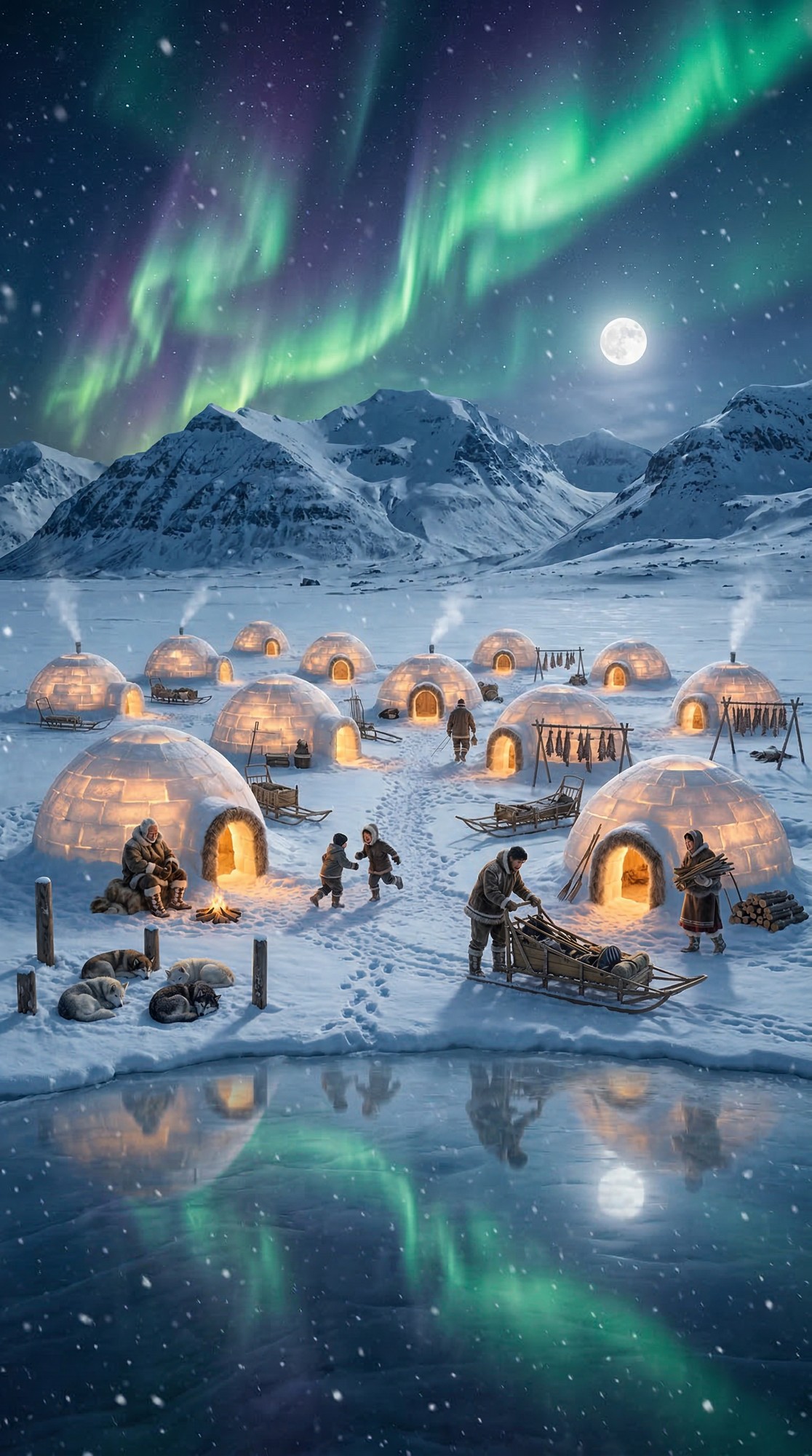 Inuit igloo village glowing under the Northern Lights and full moon