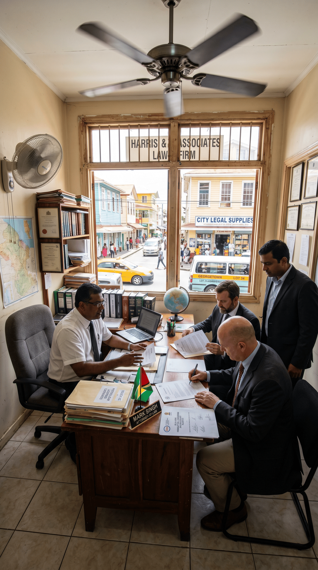 Guyana Law Office — Georgetown — foreign businessmen signing oil and gold contracts