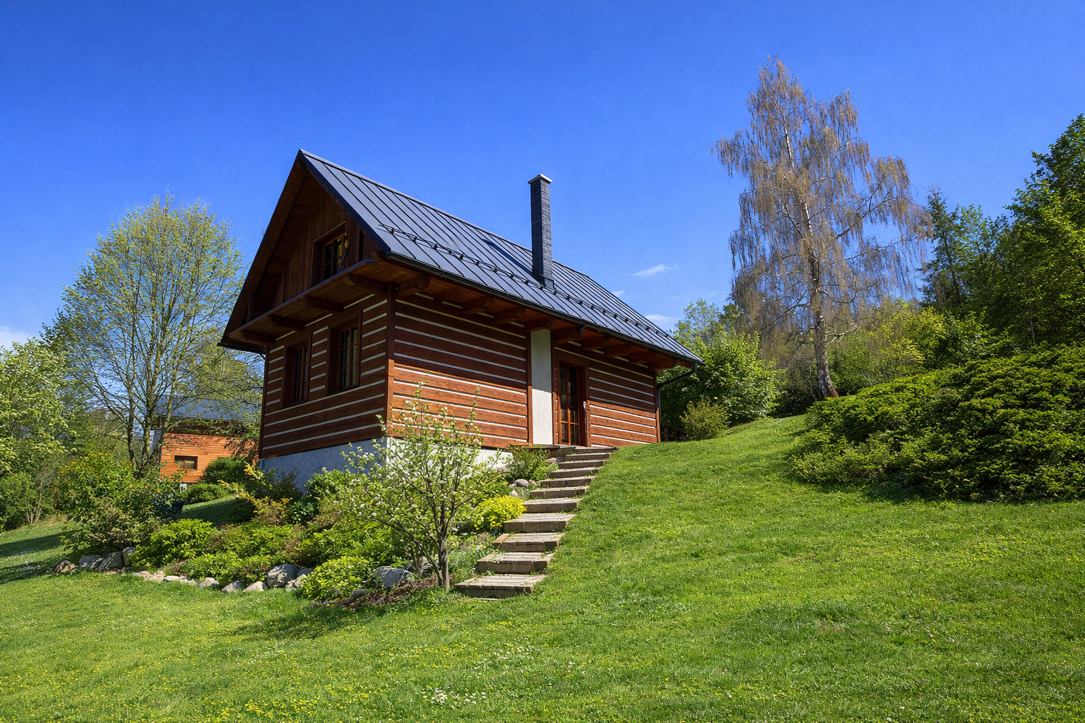 Česká chata — roubená dřevostavba zasazená v přírodě