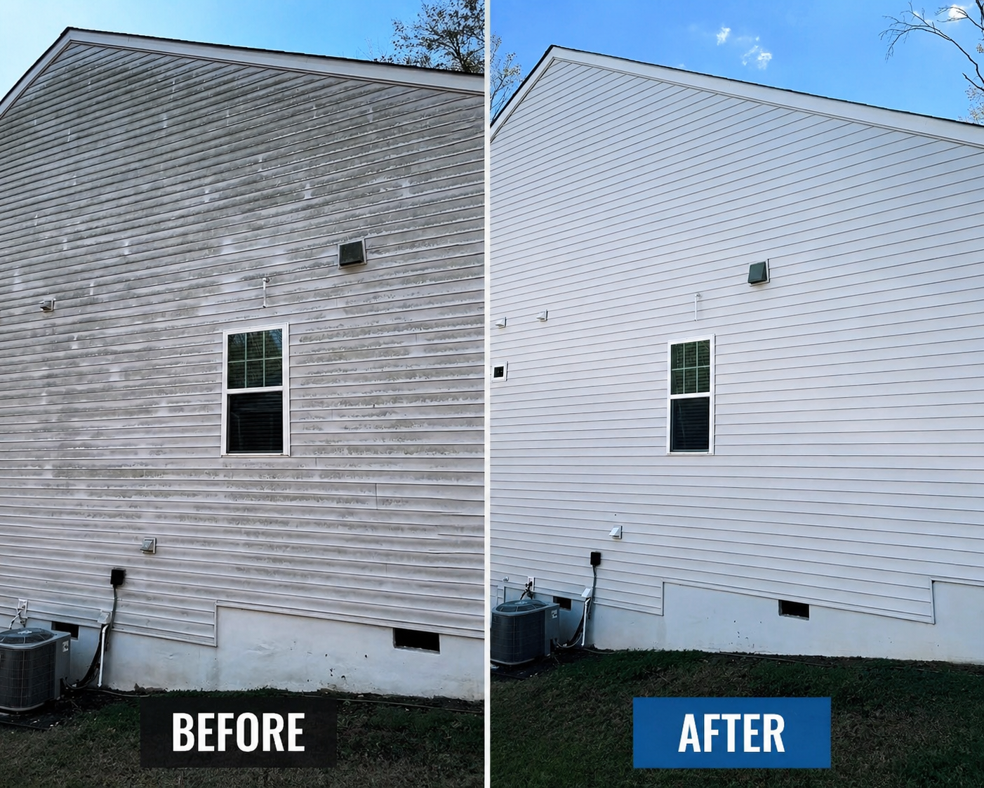 Before and after house soft wash side wall — Lake Royale NC