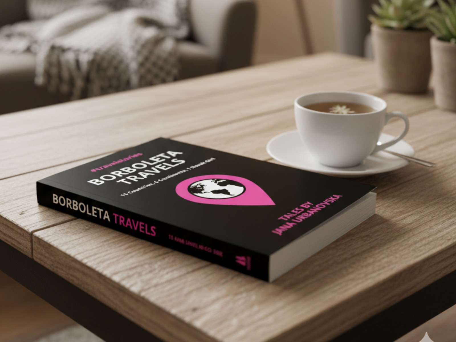 Borboleta Travels book cover: an illustrated coastal scene at sunset