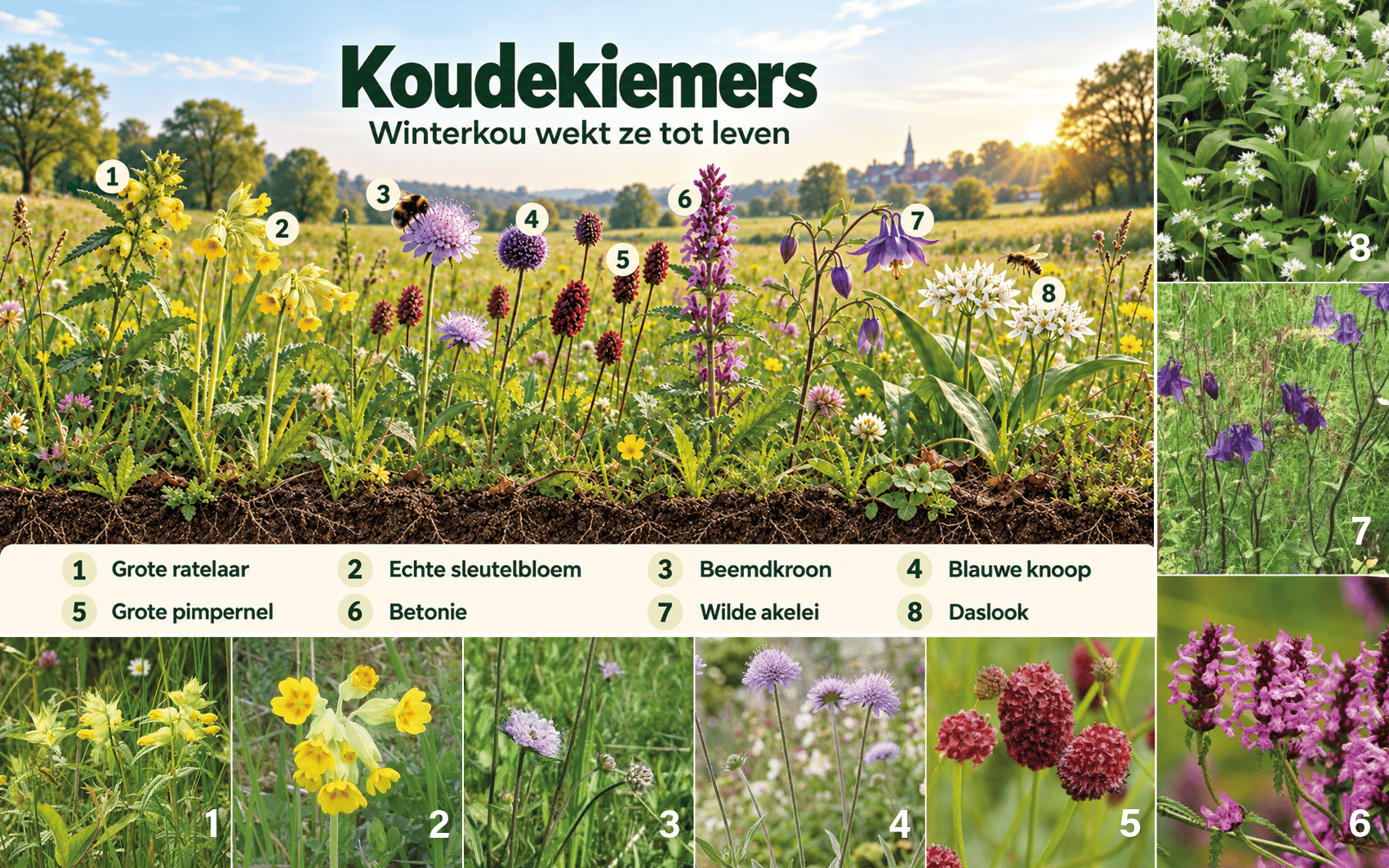Koudekiemers: winterkou wekt ze tot leven. Overzicht van soorten zoals grote ratelaar, echte sleutelbloem, beemdkroon, blauwe knoop, grote pimpernel, betonie, wilde akelei en daslook.