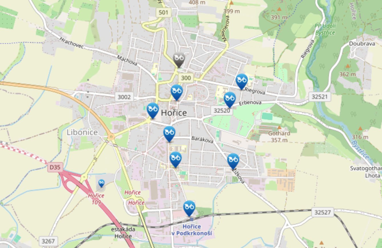 Mapa stanovišť nextbike v Hořicích