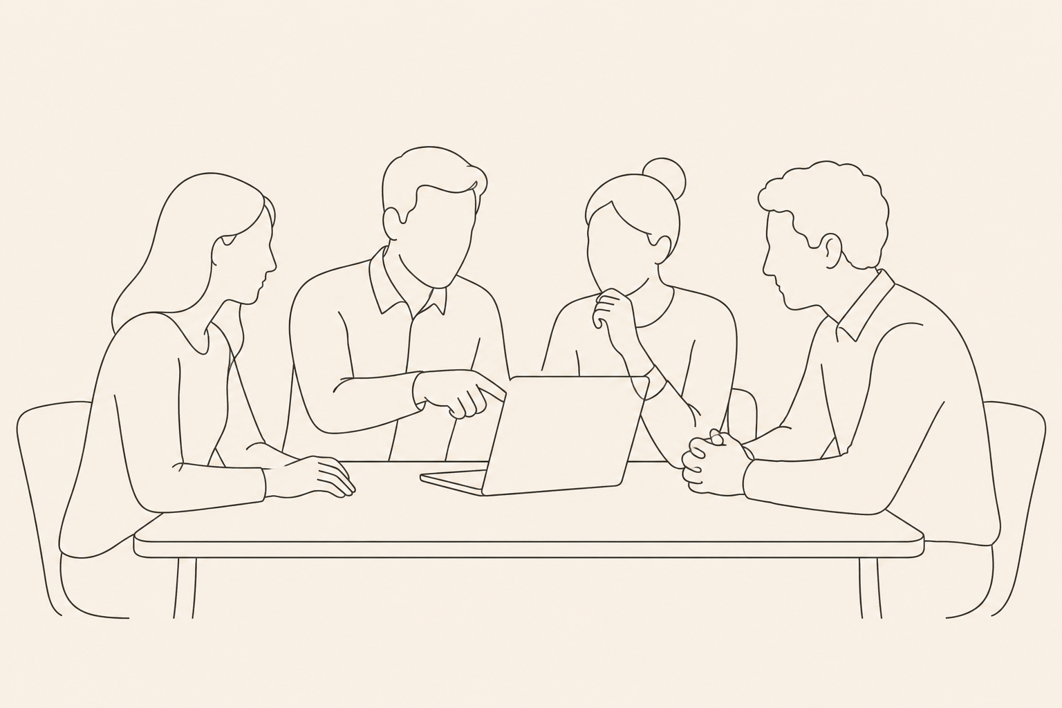 Vier mensen rond een tafel met laptop — AI Doorlichting sessie