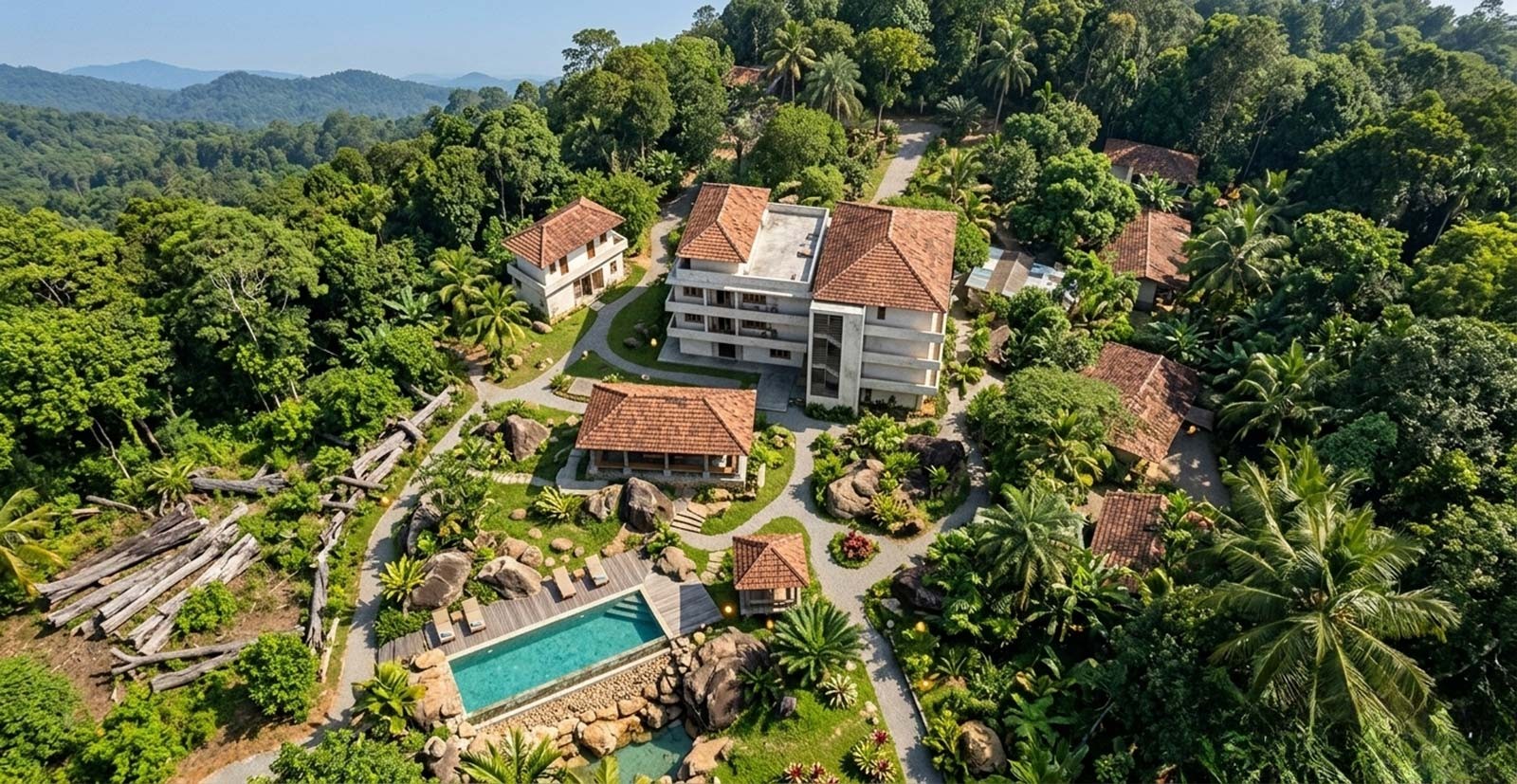 Aerial view of the JUSPA retreat surrounded by tropical forest
