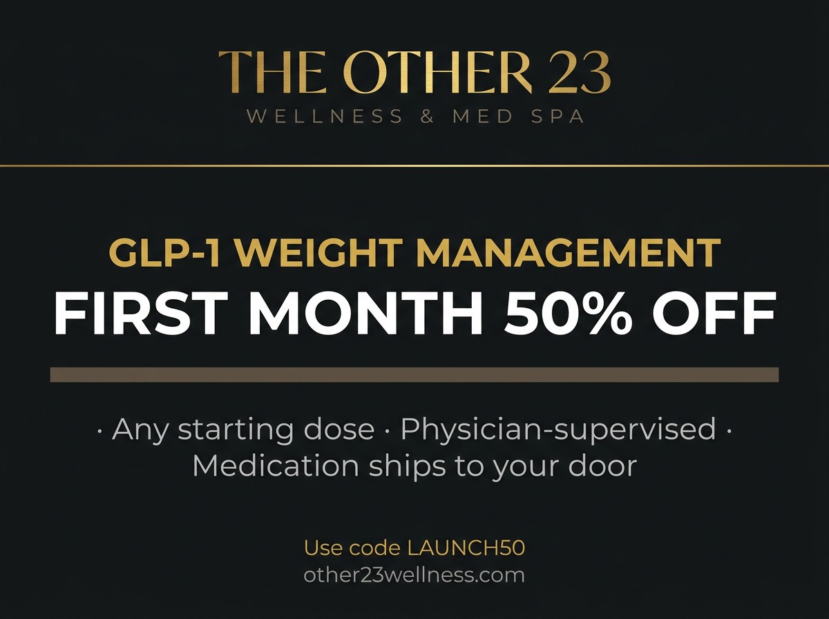 The Other 23 GLP-1 Weight Management offer: first month 50% off any starting dose with code LAUNCH50.