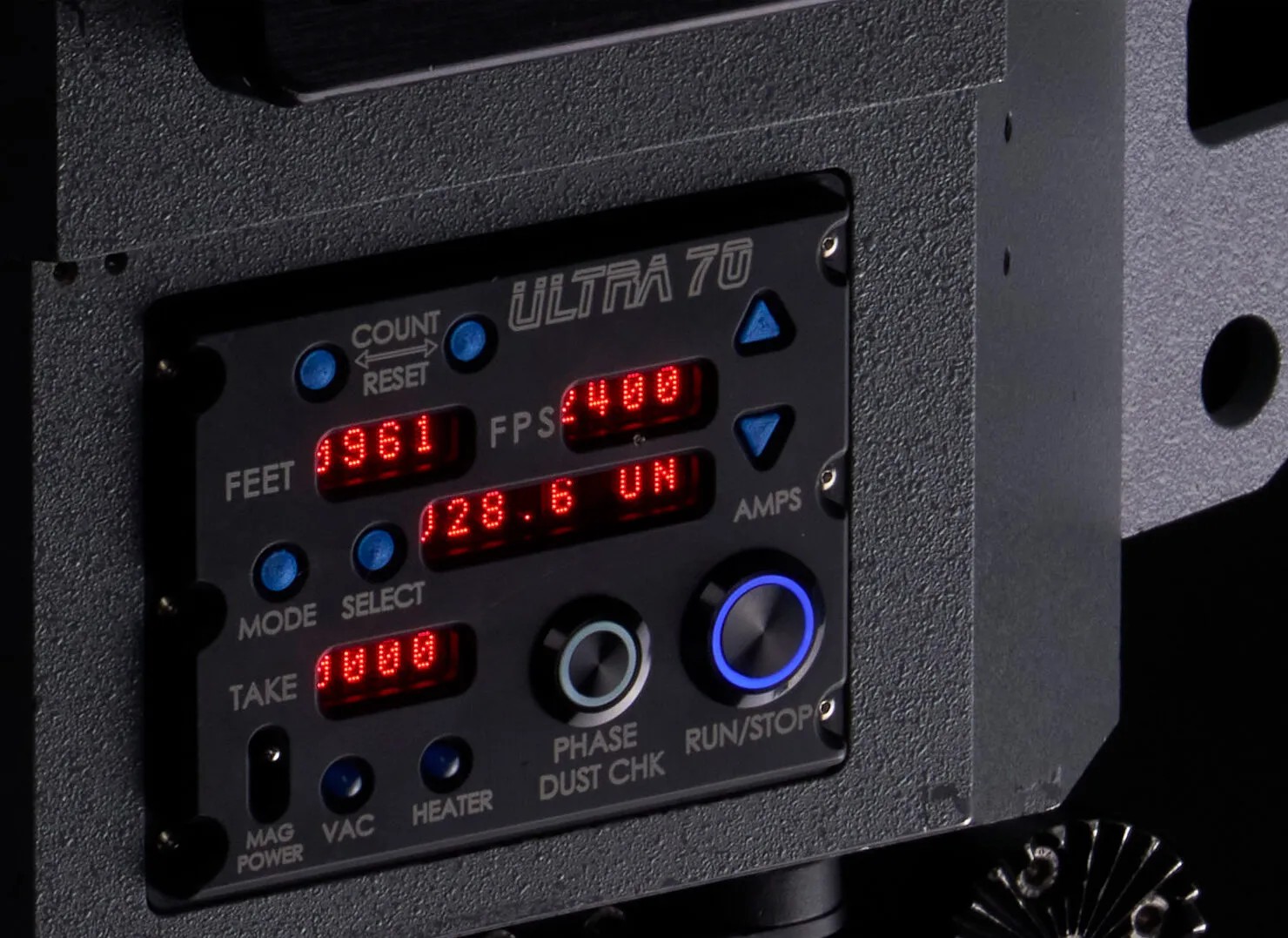 Ultra 70 modern control panel with footage and frame-rate displays