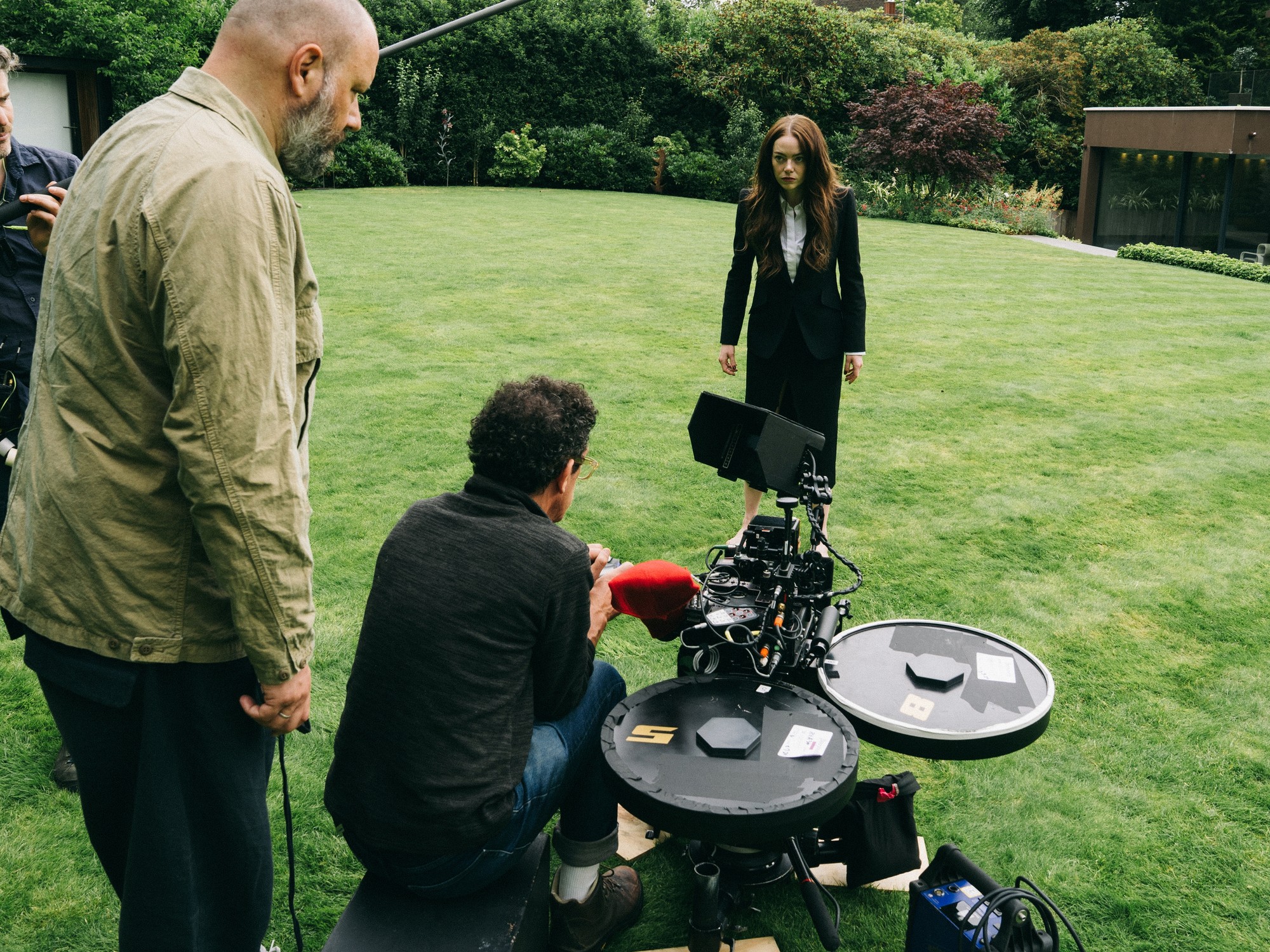 Crew filming outdoors with the VistaVision camera and two large magazines visible