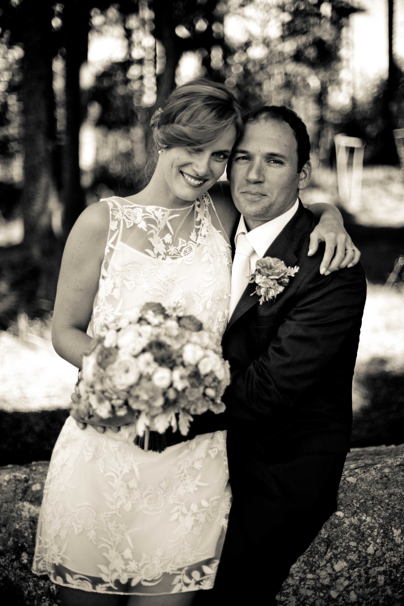 Bride and groom in black and white portrait